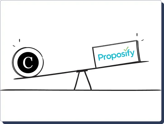 Seesaw illustration with the Clientjoy logo outweighing the Proposify logo