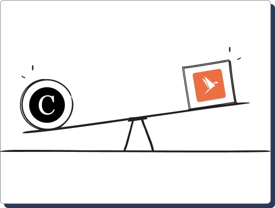 Seesaw illustration with the Clientjoy logo outweighing the Invoicely logo