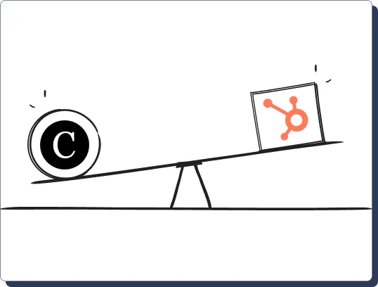 Seesaw illustration with the Clientjoy logo outweighing the HubSpot logo