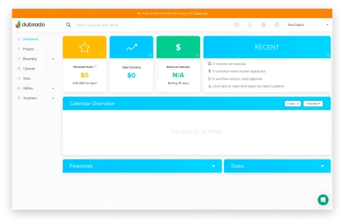 Dubsado dashboard showing financial goals, open invoices, a revenue indicator and a calendar overview