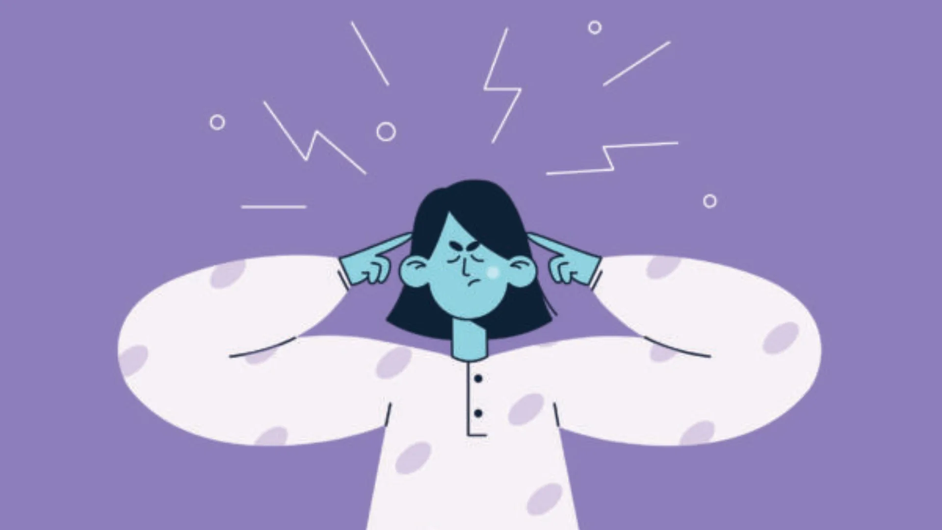 Illustration of a frustrated woman plugging her ears with her fingers against a purple background
