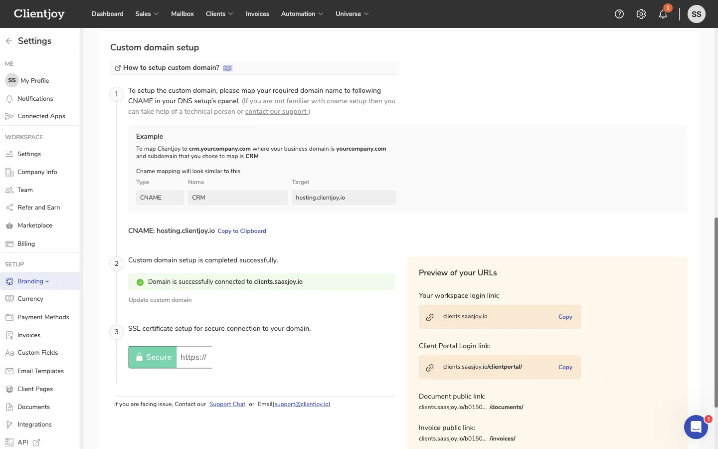 Custom domain setup clientjoy