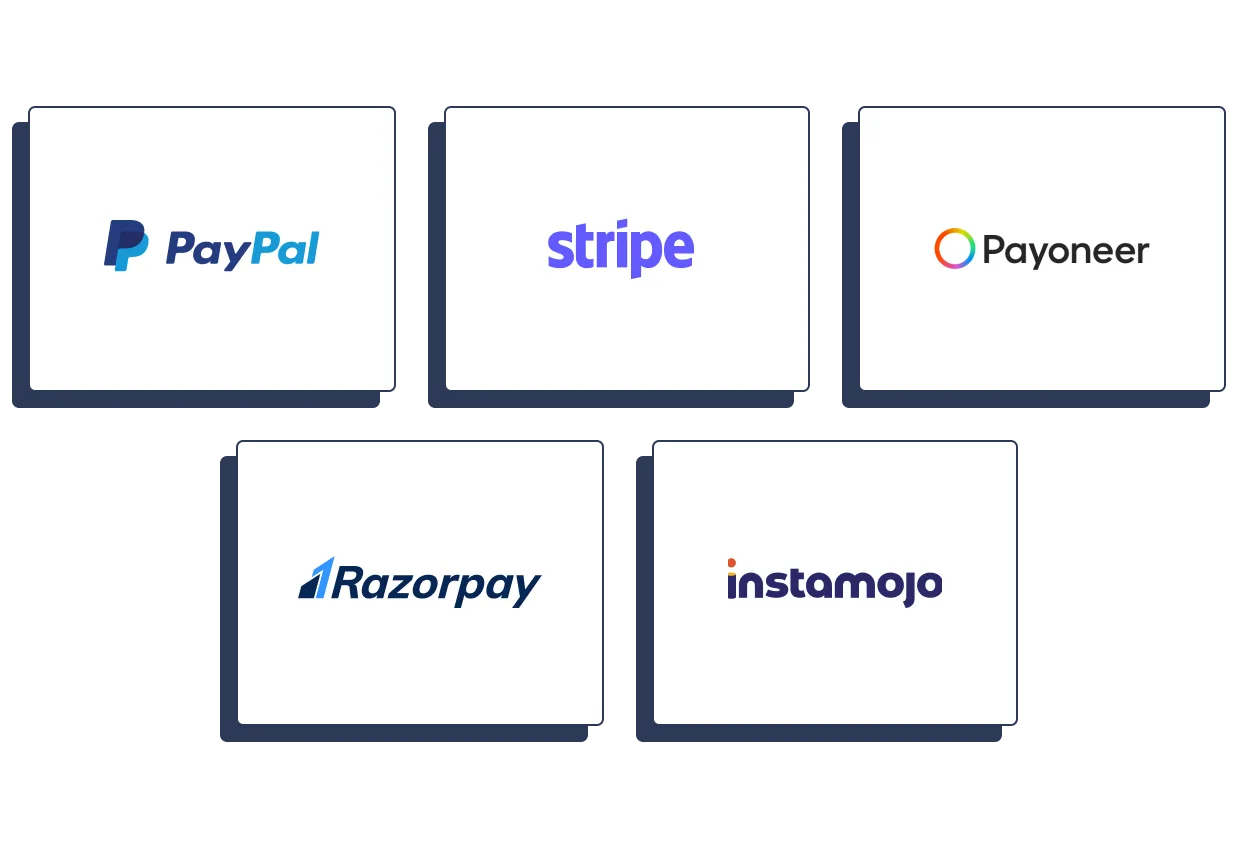 Payment gateway logos supported by Clientjoy: PayPal, Stripe, Payoneer, Razorpay and Instamojo