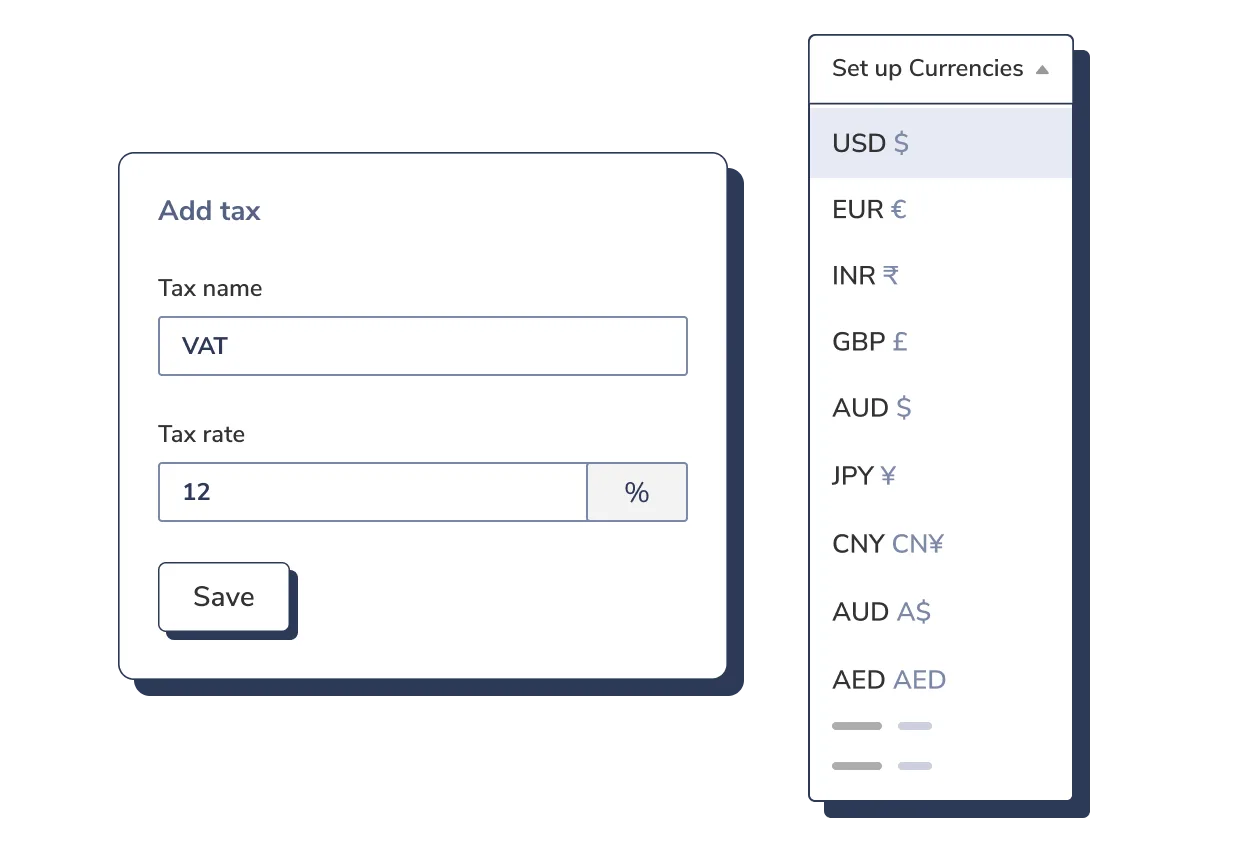 Add tax form with a VAT tax name and 12% rate beside a Set up Currencies dropdown listing USD, EUR, INR, GBP, AUD, JPY, CNY and AED
