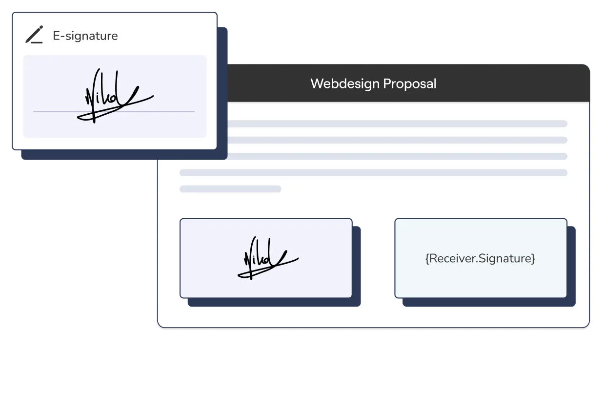 E-signature block on a web design proposal with the sender's signature filled in and a placeholder for the receiver's signature