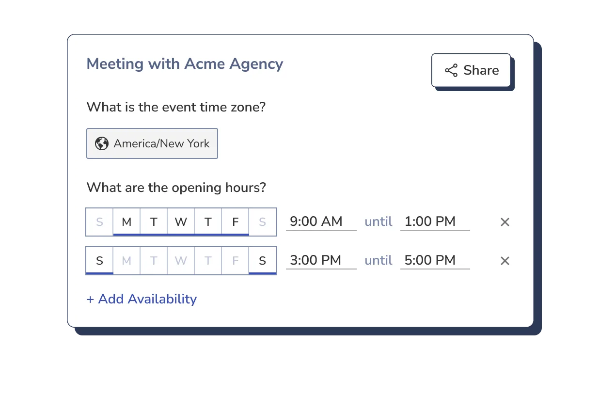 Meeting scheduler settings card for Acme Agency with a time-zone selector and weekly opening-hours rows