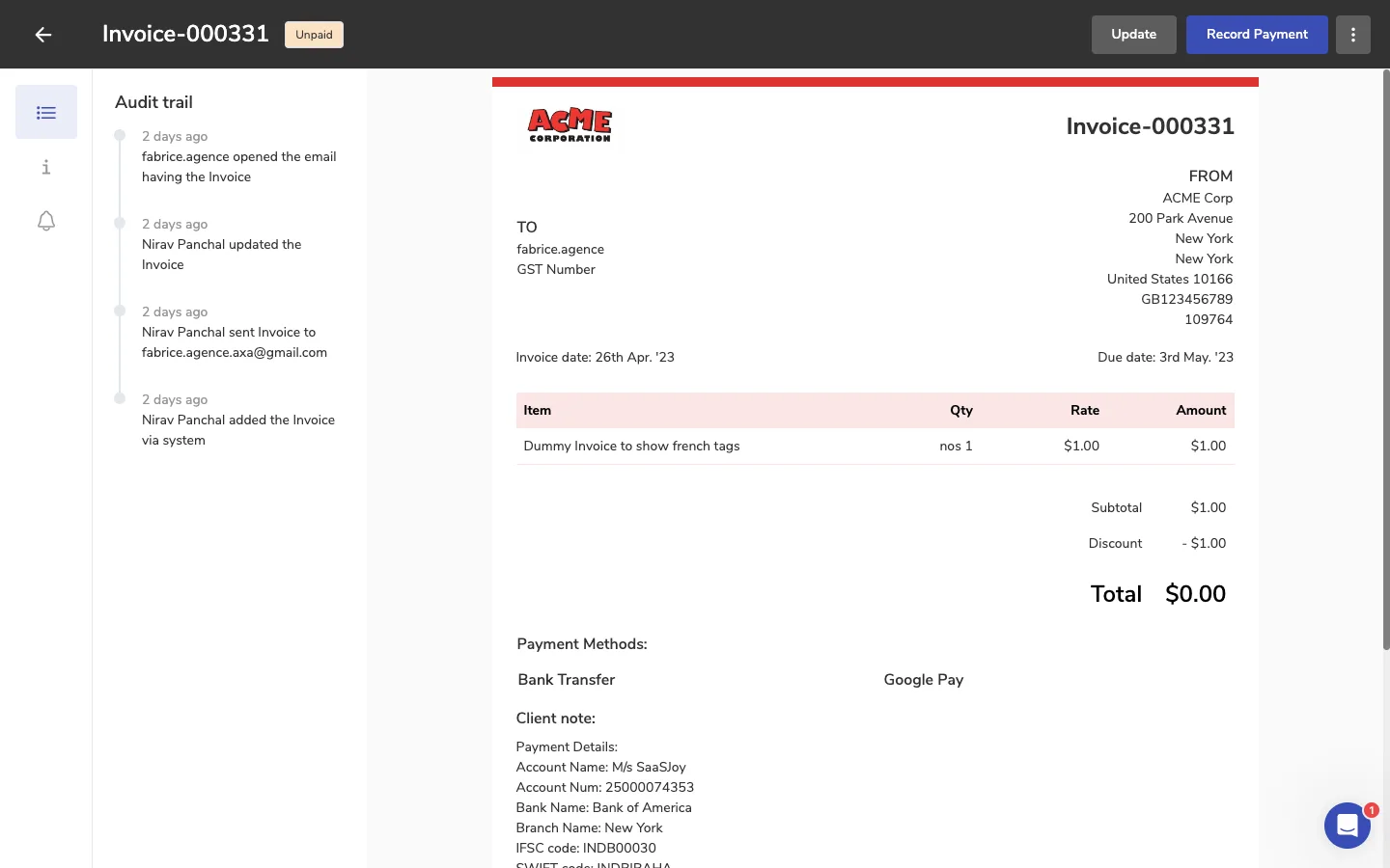 Unpaid invoice view in Clientjoy with an audit trail on the left and the invoice, payment methods and bank details on the right