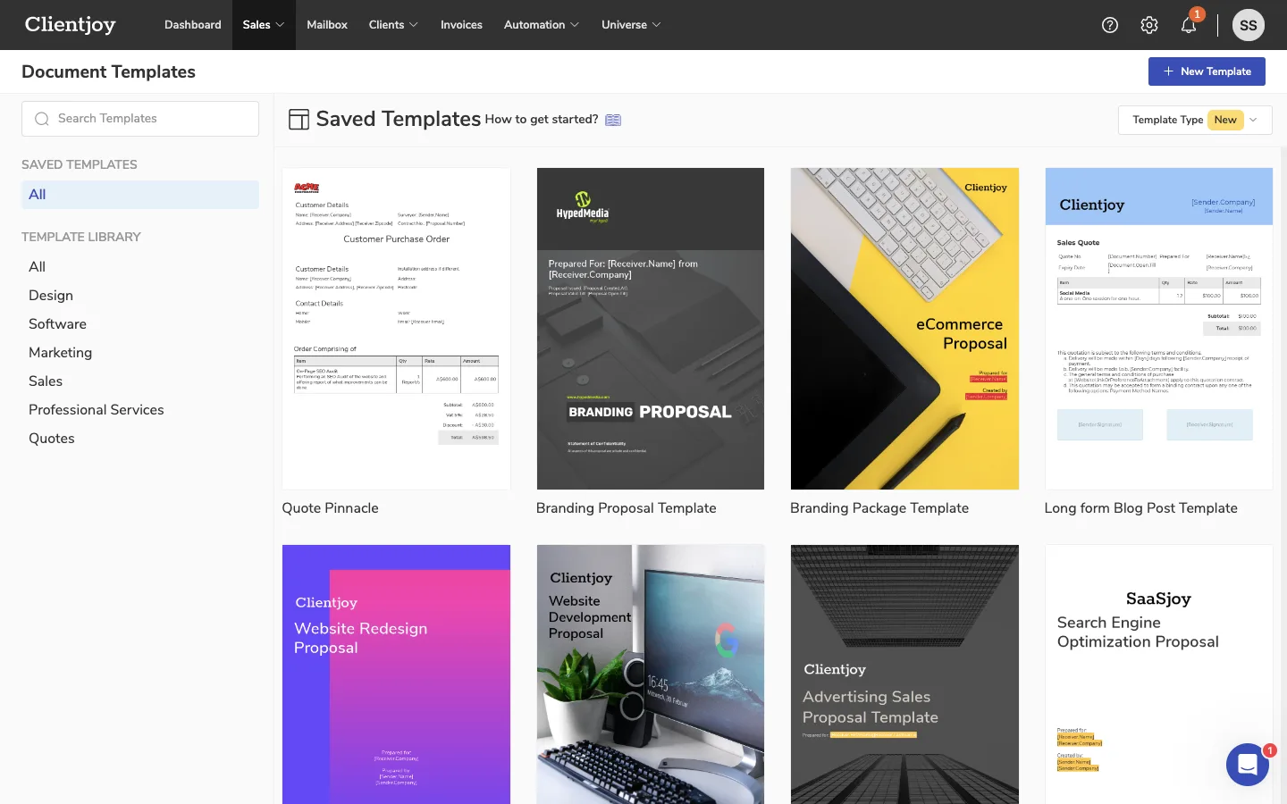 Clientjoy document templates library showing saved proposal, quote and blog post templates with category filters
