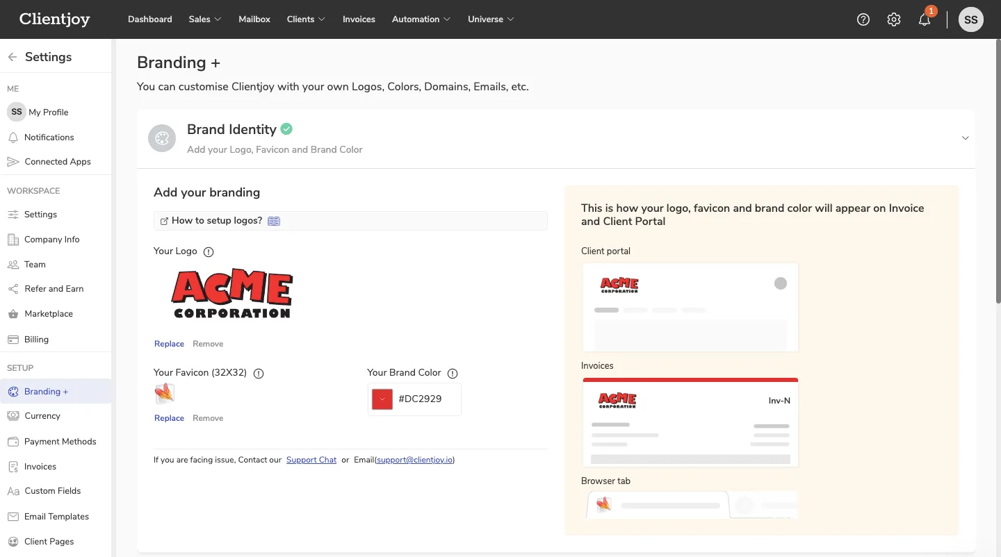 Clientjoy Branding+ settings page for uploading a logo, favicon and brand colour, with a live preview of the client portal and invoices
