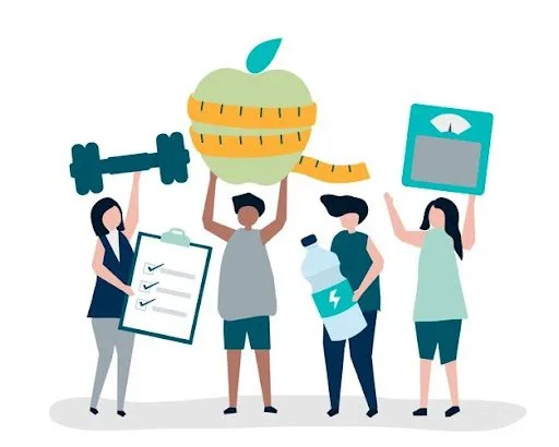 Illustration of four people holding wellness items: a dumbbell, an apple with a tape measure, a bathroom scale and a water bottle