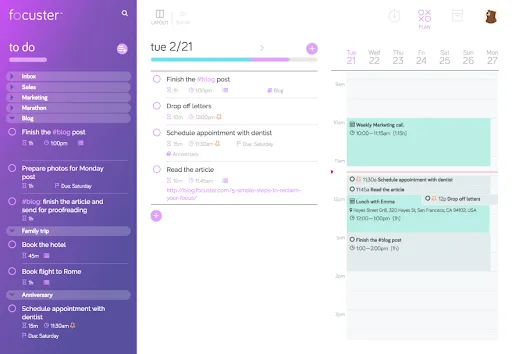Focuster to-do list app showing categorised tasks beside a weekly calendar