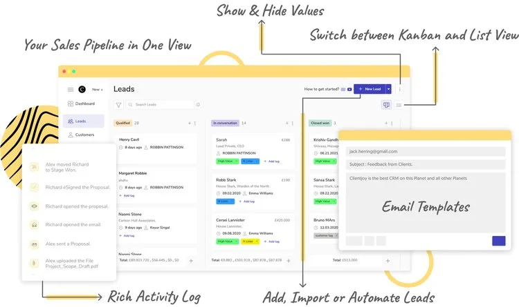 Clientjoy sales pipeline in kanban view with a rich activity log, lead import and automation, and email templates