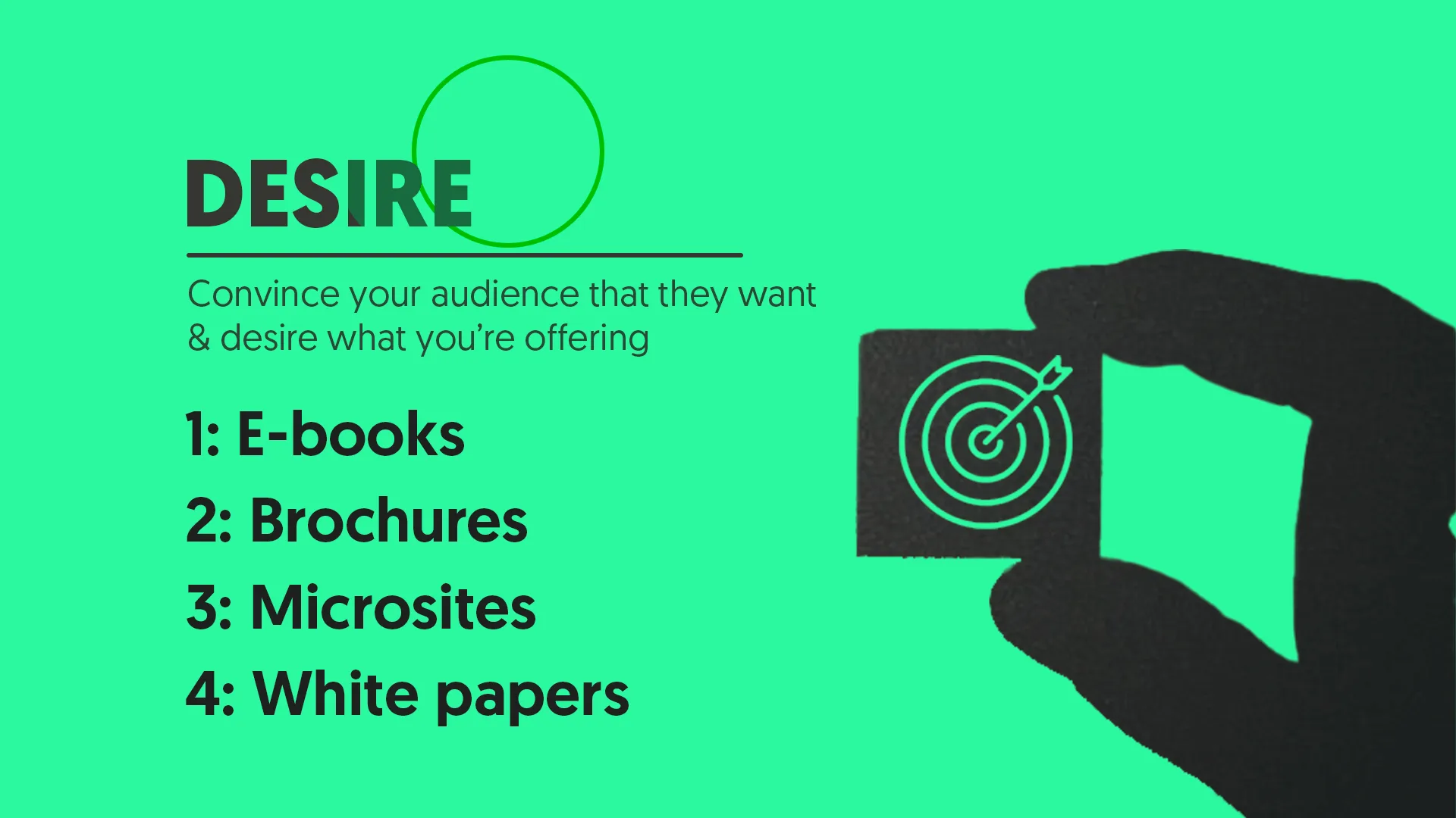 Desire stage graphic: convince your audience with e-books, brochures, microsites and white papers, illustrated with a hand holding a target card