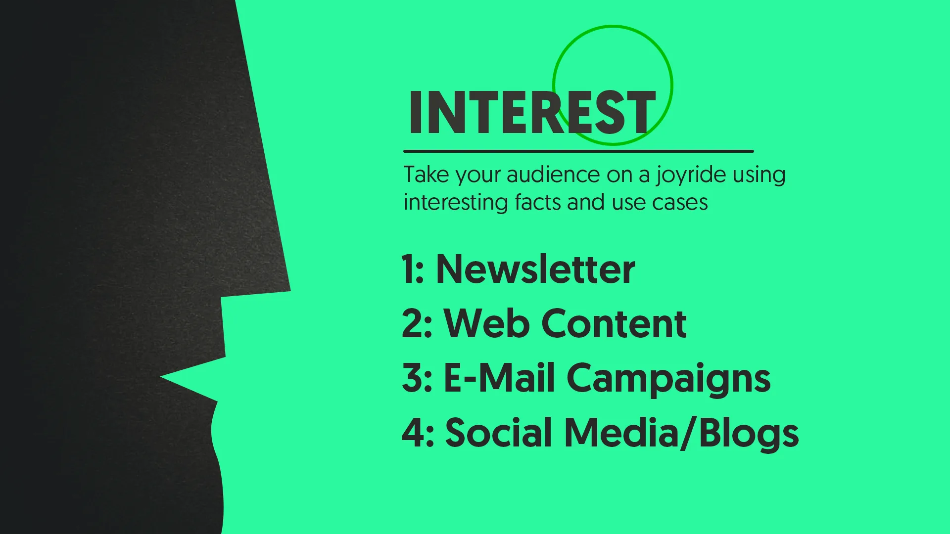 Interest stage graphic: take your audience on a joyride with newsletters, web content, email campaigns and social media or blogs