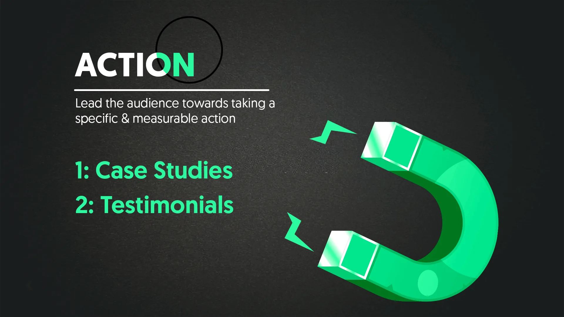Action stage graphic: lead the audience to act with case studies and testimonials, illustrated with a green magnet