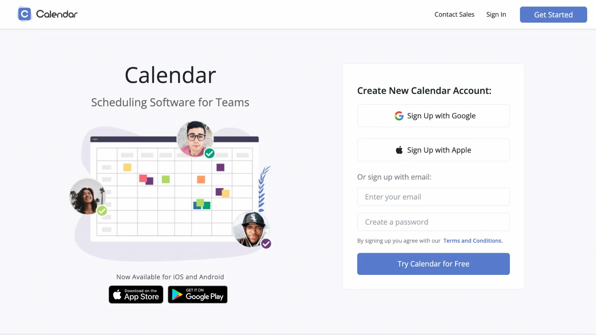 Calendar.com homepage: scheduling software for teams, with sign-up options and app store badges