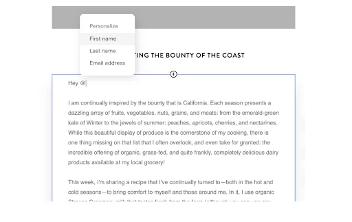 Email editor with a Personalize dropdown offering first name, last name and email address merge tags