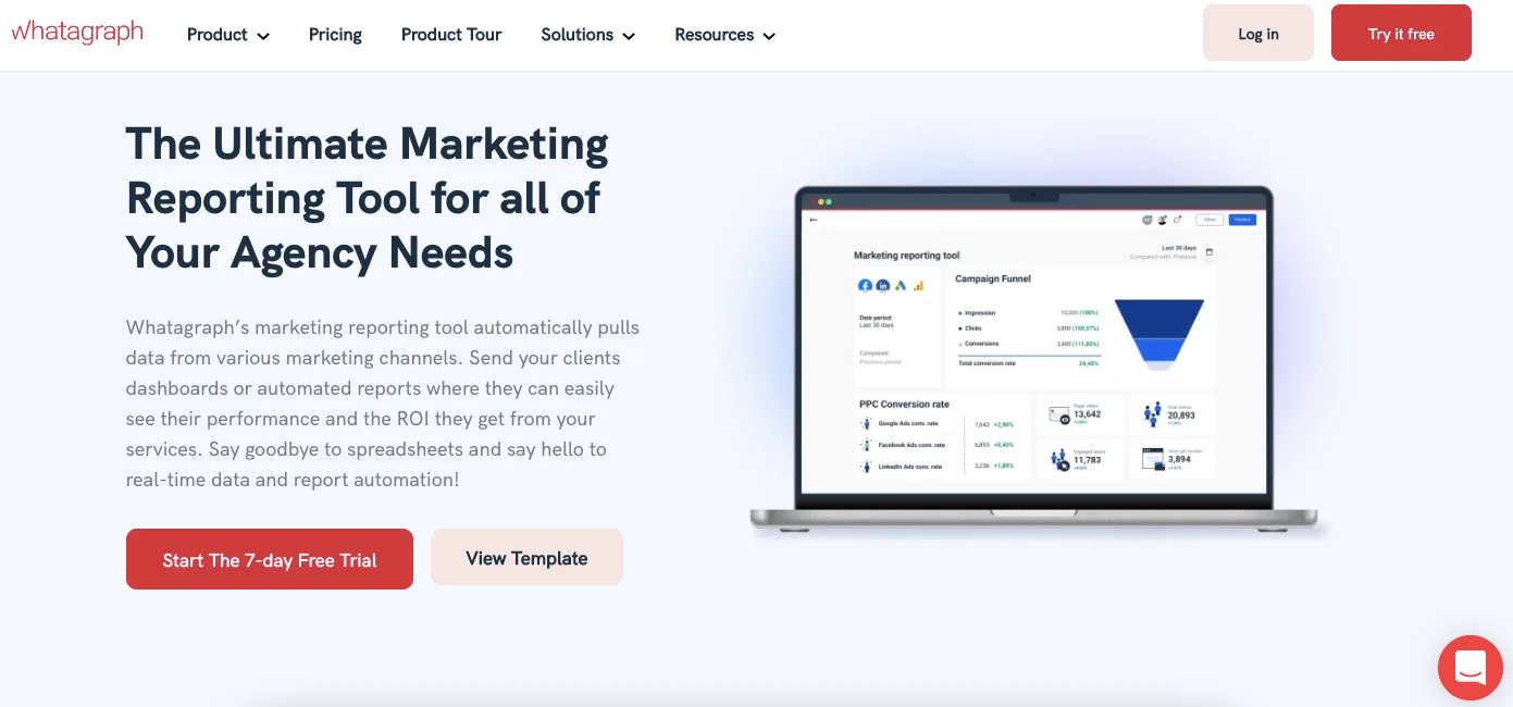 Whatagraph homepage: the ultimate marketing reporting tool for agencies, with a laptop showing a campaign funnel report