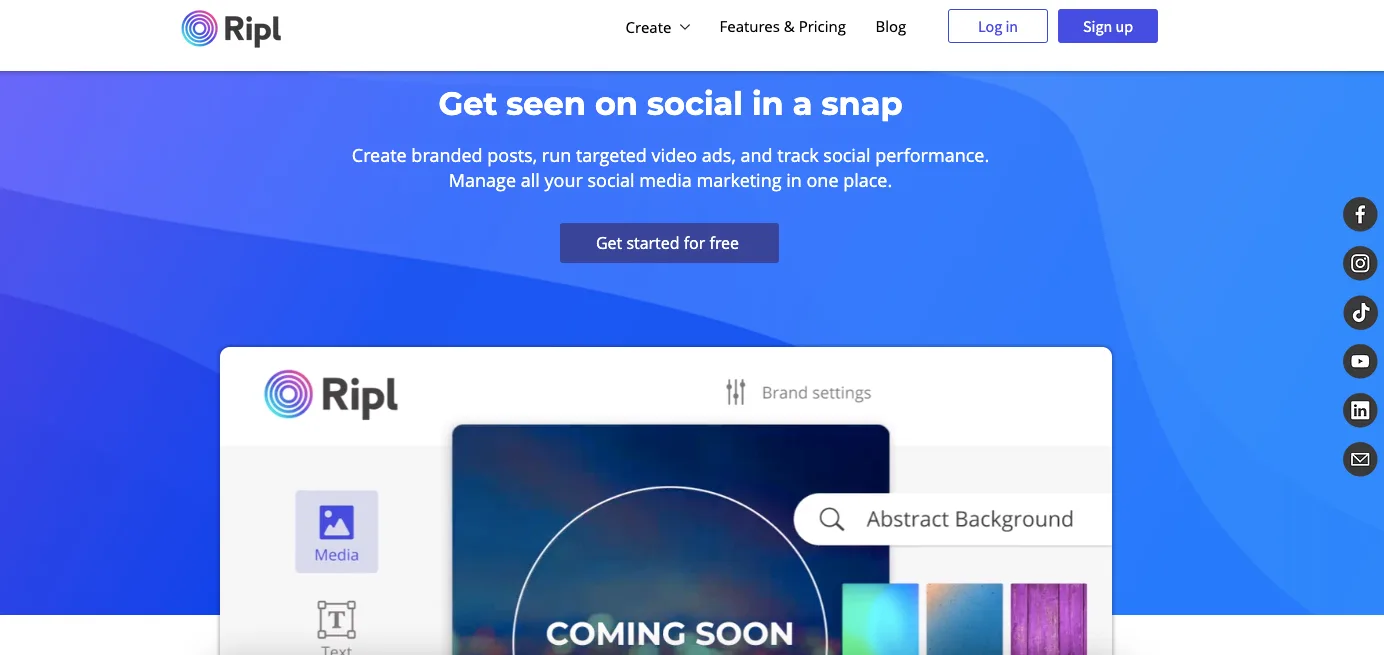 Ripl homepage: Get seen on social in a snap, with a preview of the brand settings editor