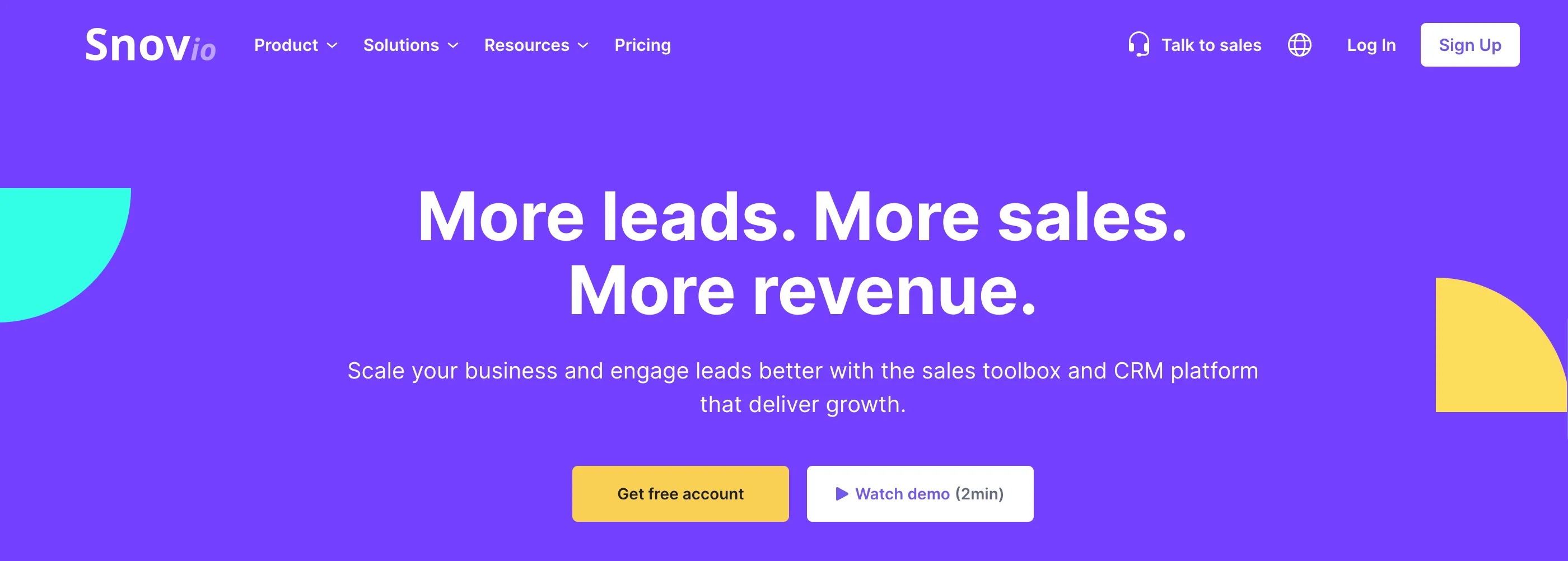 Snov.io homepage: More leads. More sales. More revenue. with a get-free-account button