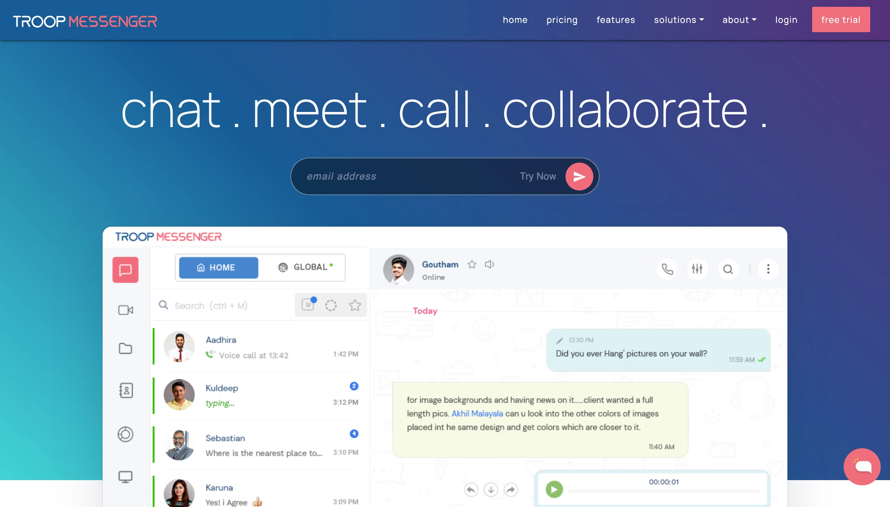 Troop Messenger homepage: chat, meet, call, collaborate, with a team chat interface preview