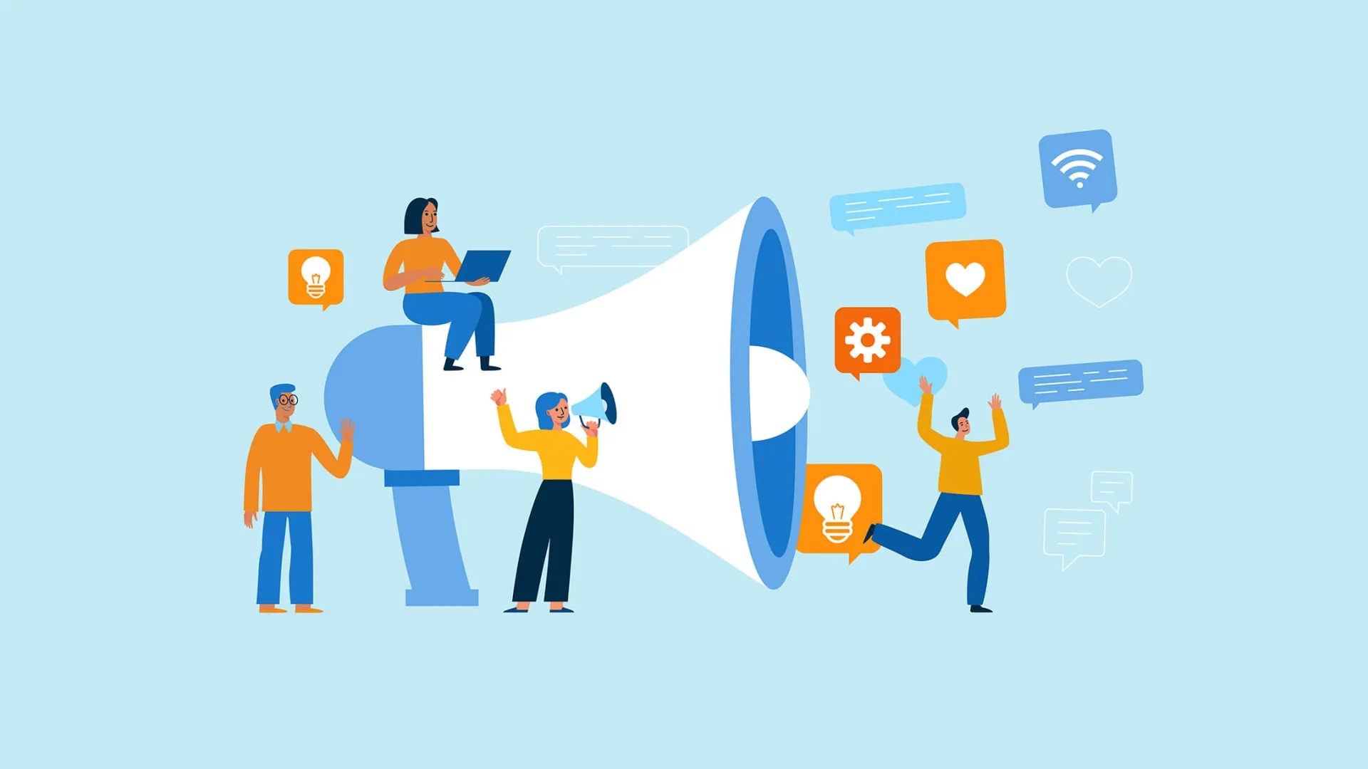 Illustration of a team around a giant megaphone surrounded by social media and idea icons