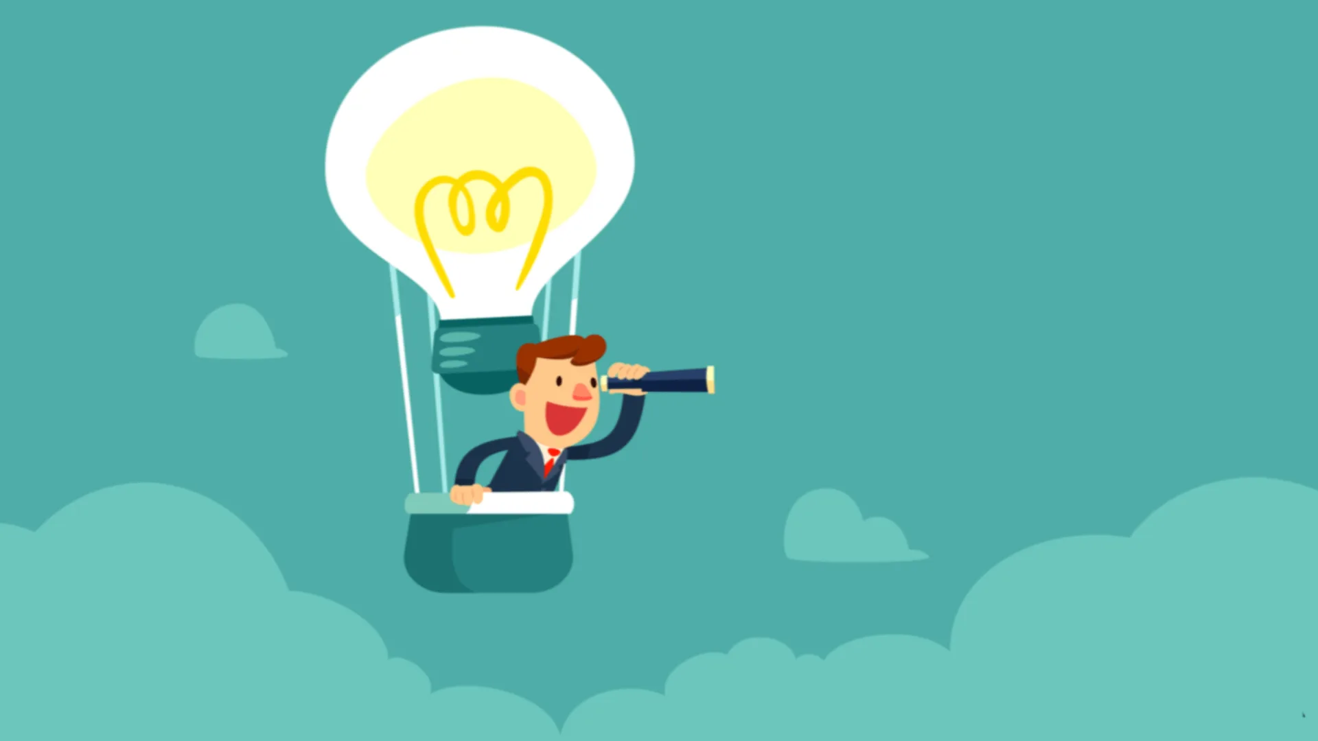 Illustration of a businessman in a light-bulb hot-air balloon looking ahead through a telescope