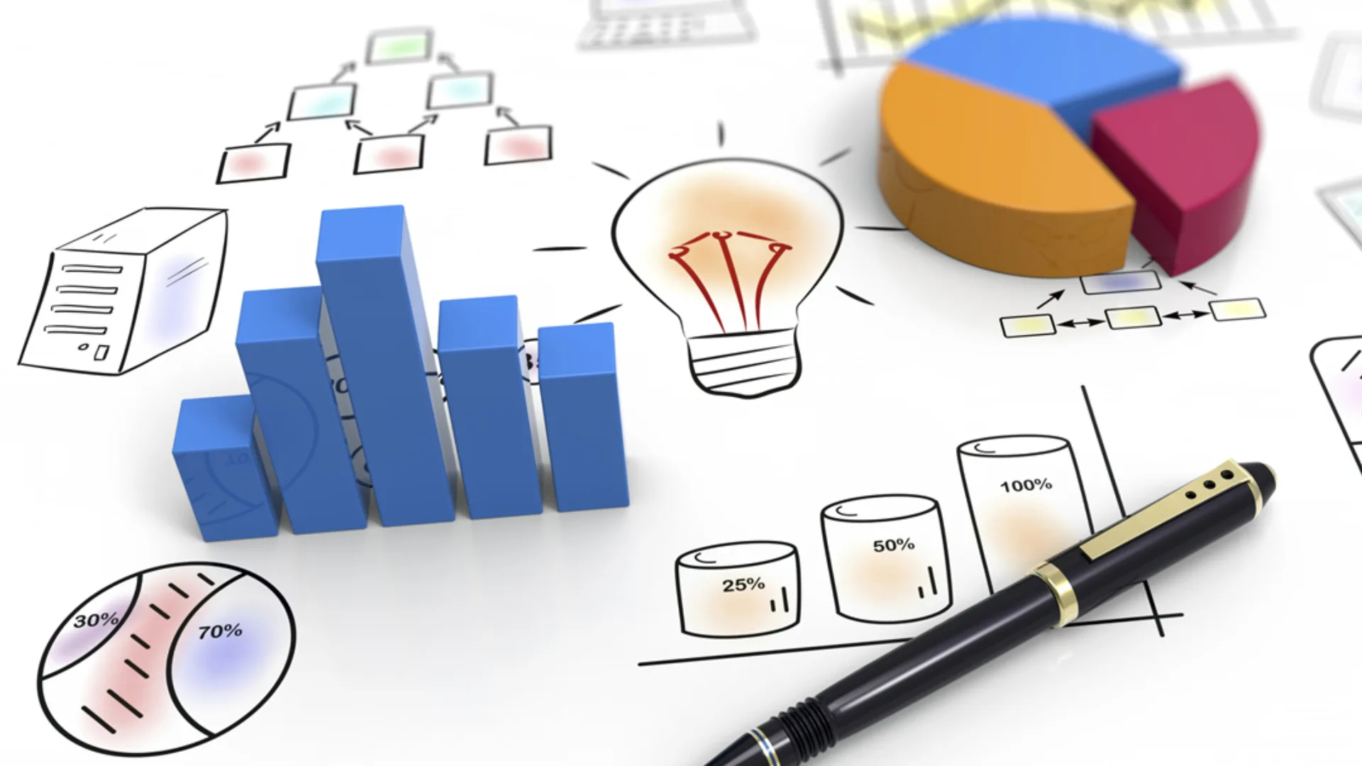 Hand-drawn business planning sketch with a 3D bar chart, pie chart, flow diagram and light bulb beside a pen