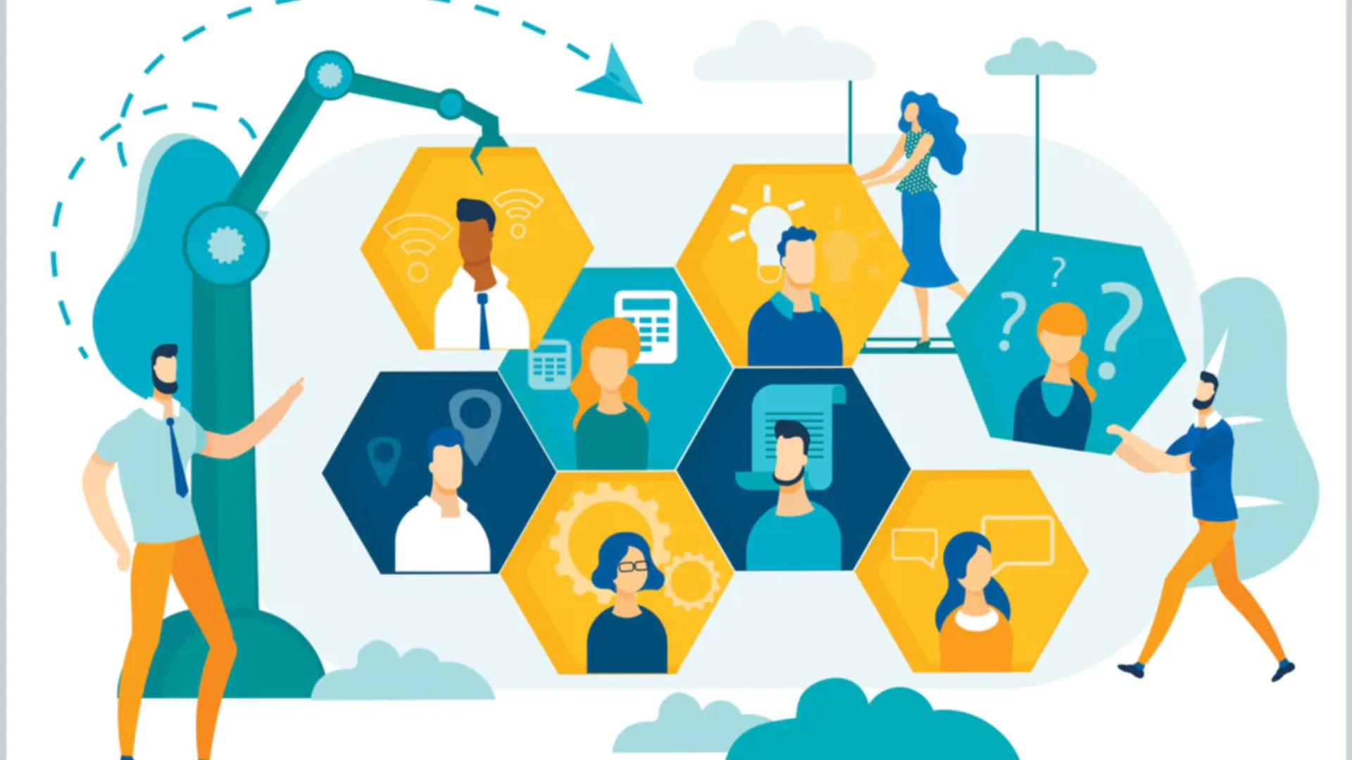 Illustration of a robotic arm assembling a hexagon grid of team member portraits