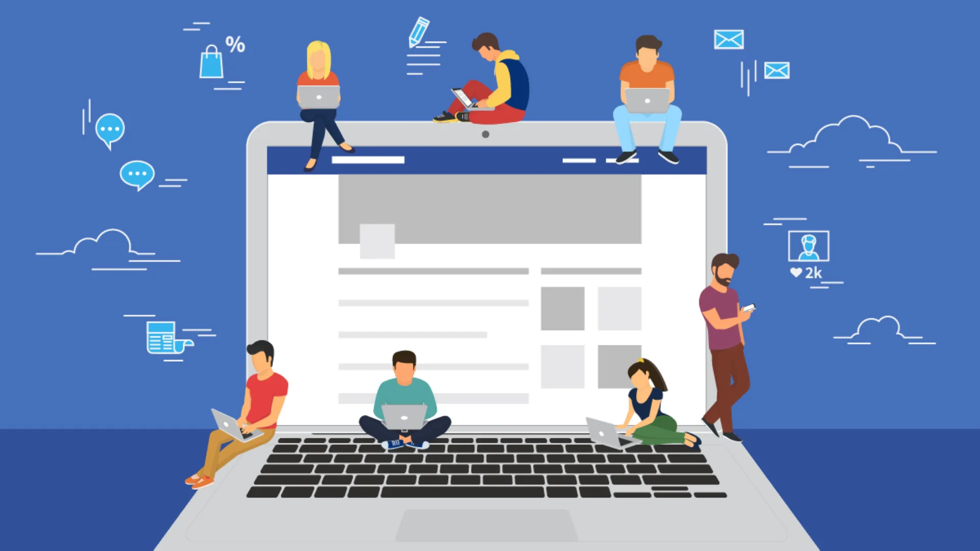 Illustration of people working on laptops around a giant laptop showing a web page layout