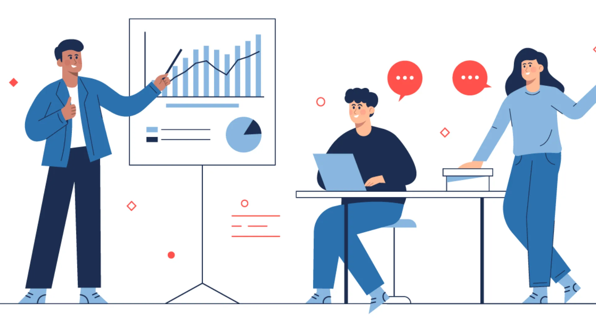 Illustration of a presenter pointing at a bar and pie chart while a colleague works on a laptop and another gestures