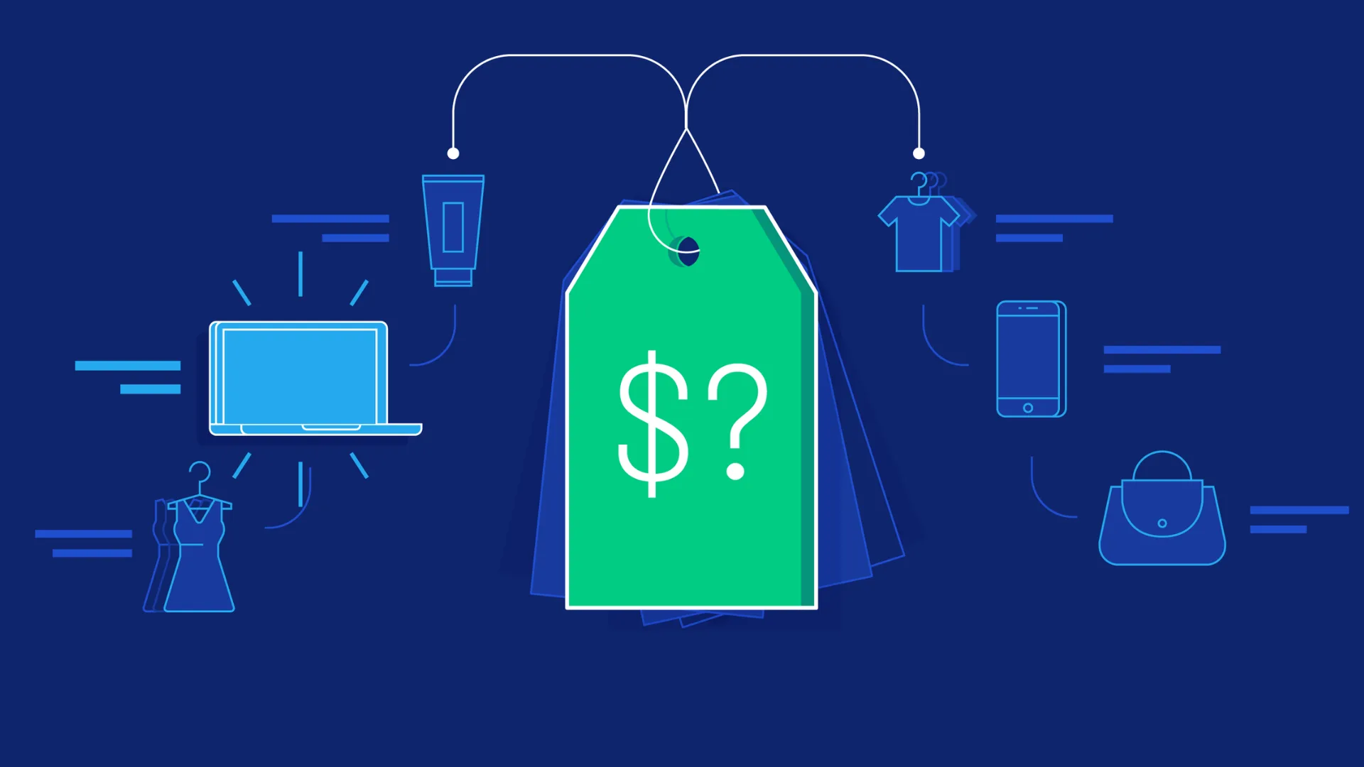 Green price tag showing a dollar sign and question mark, surrounded by product icons for a laptop, clothing, a phone and a bag