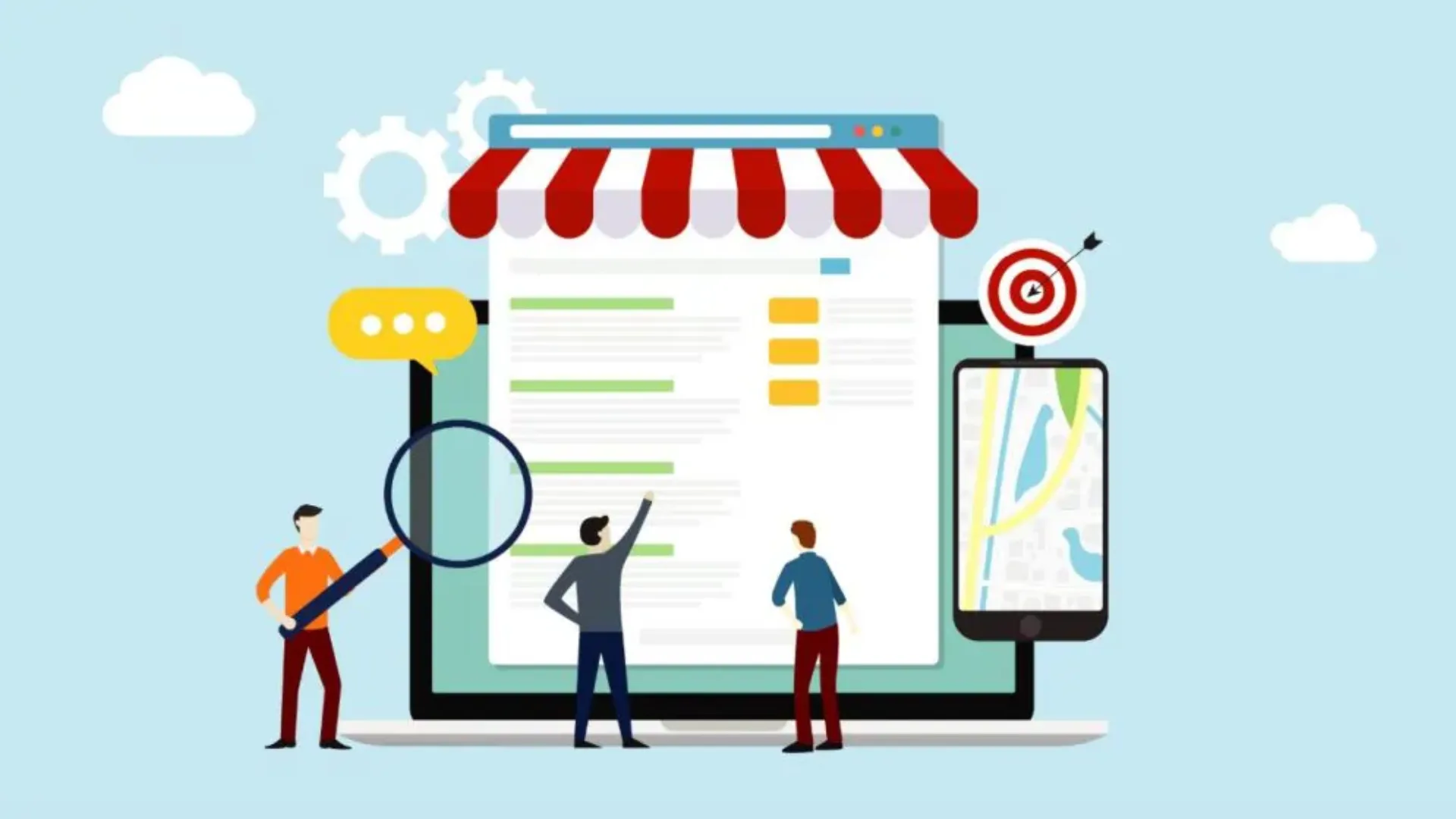 Illustration of people inspecting a storefront-styled web page with a magnifying glass, a target and a map