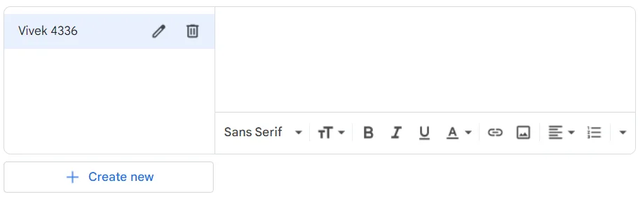 Gmail signature settings showing an existing signature, edit and delete icons, a formatting toolbar and a Create new button