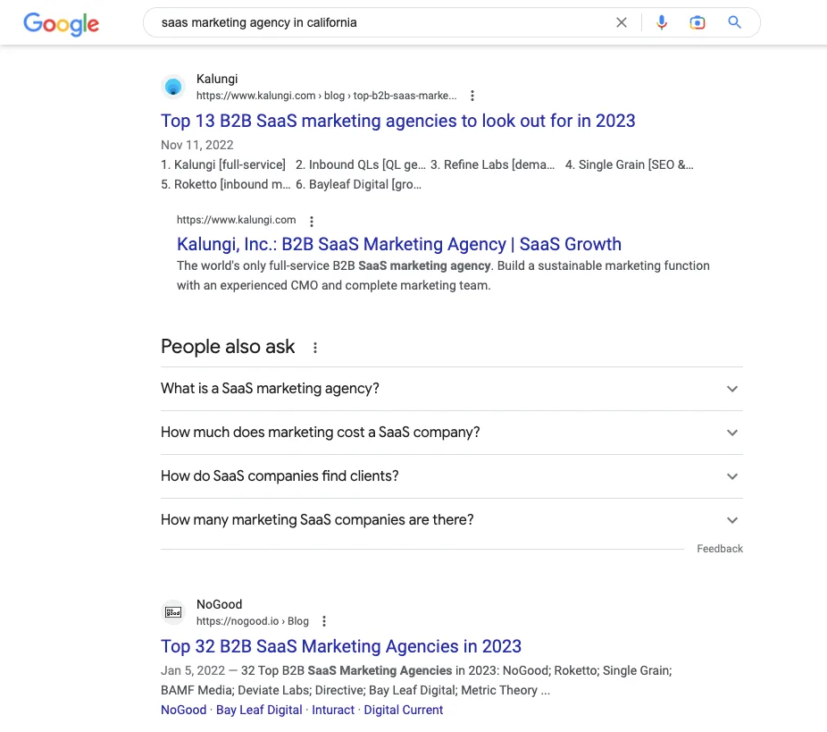SERP Result for Saas Marketing agency in California