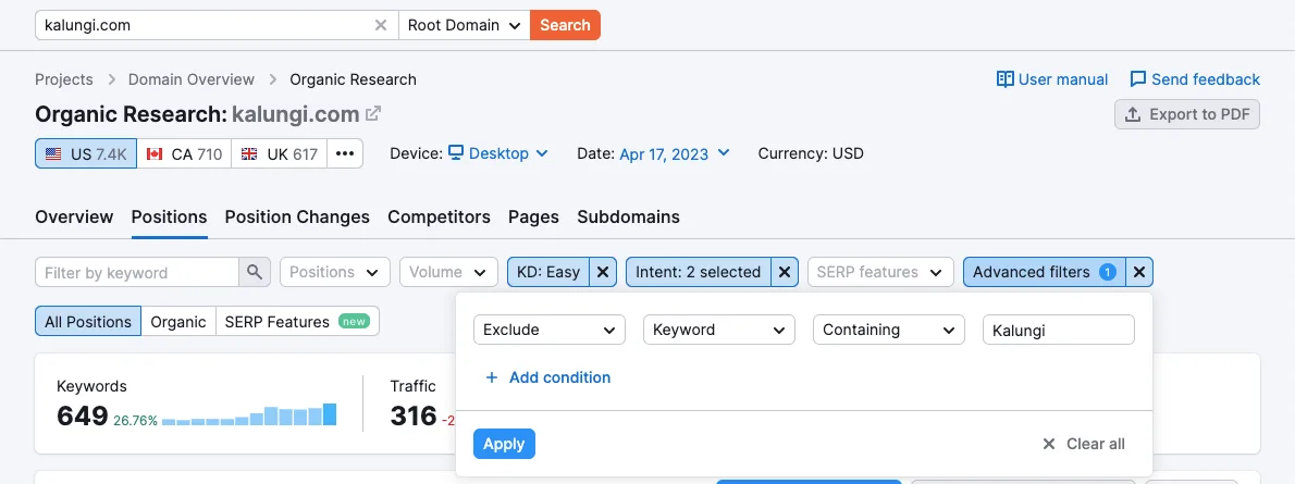Semrush organic research report for kalungi.com with an advanced filter excluding branded keywords, showing 649 keywords and 316 traffic