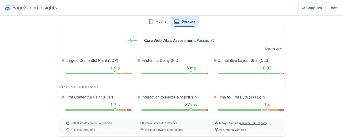 Core Web Vitals Assessment - PageSpeed Insights 