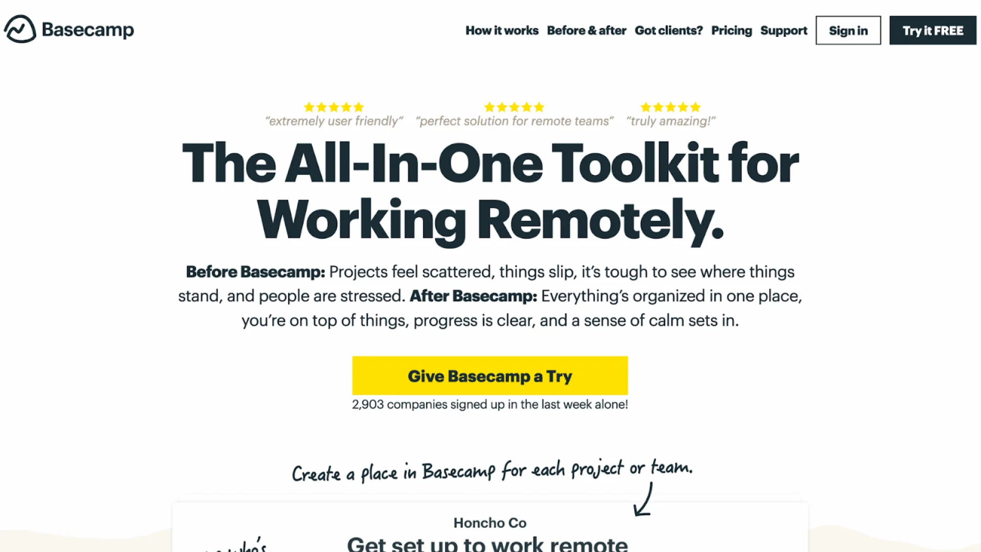 Basecamp homepage: the all-in-one toolkit for working remotely, with a give-Basecamp-a-try button