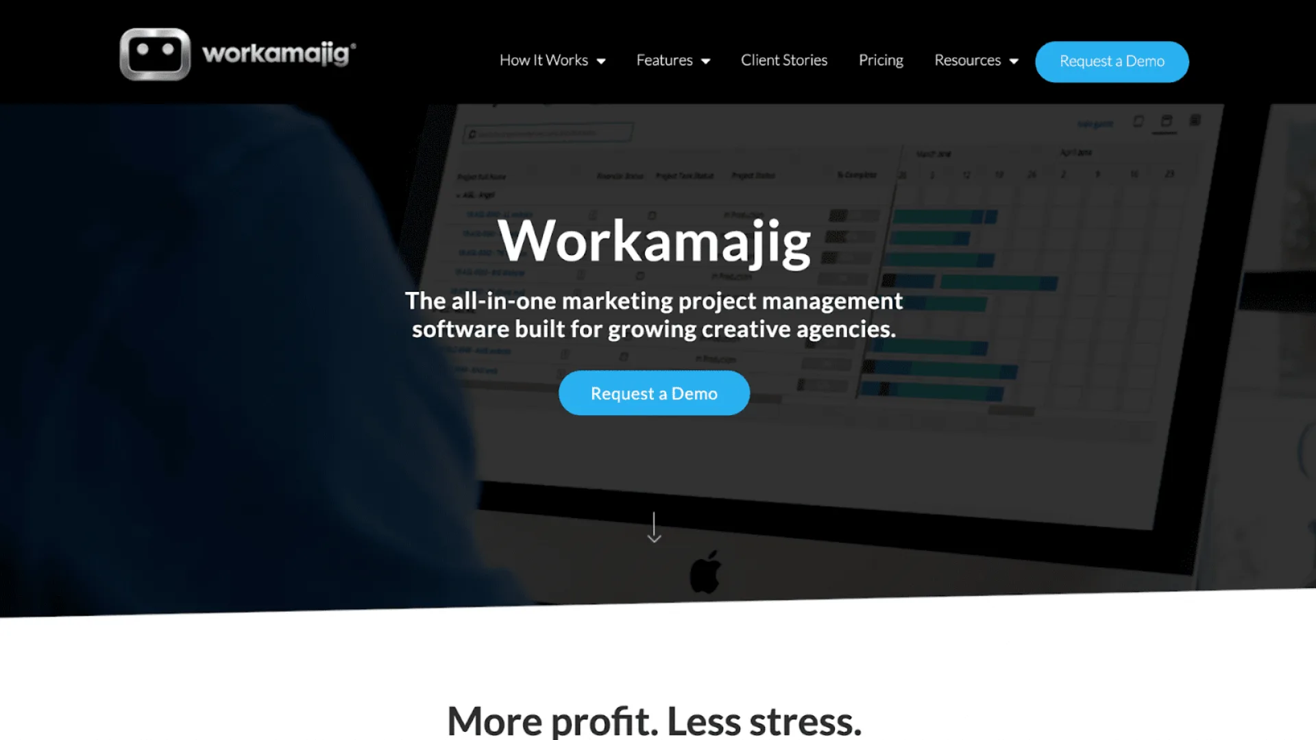 Workamajig homepage: all-in-one marketing project management software for growing creative agencies, with a request-a-demo button