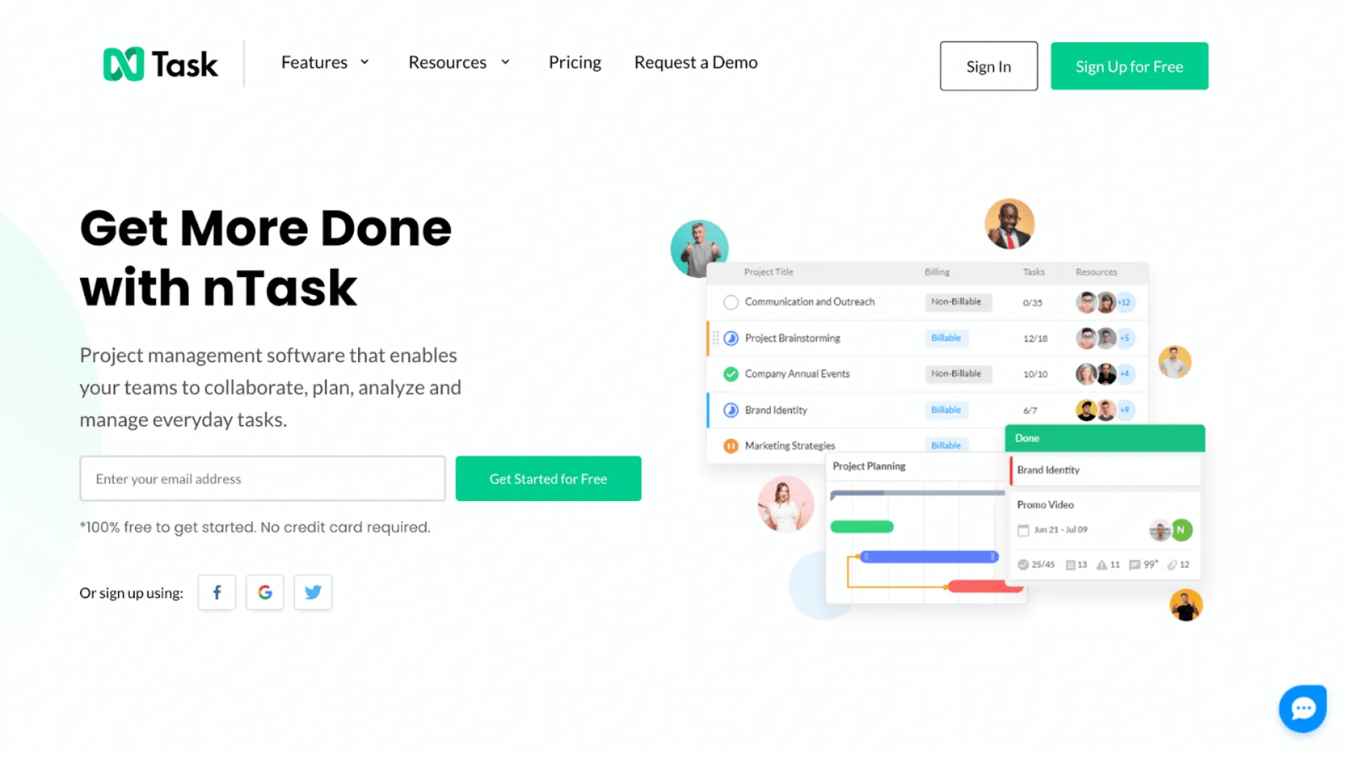 nTask homepage: Get More Done with nTask, showing a project list with billing status and a Gantt-style planning view