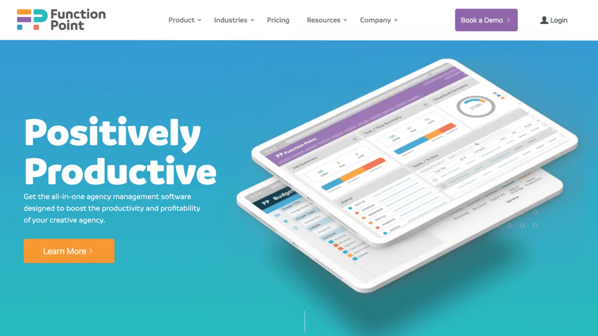 Function Point homepage: Positively Productive, all-in-one agency management software, with dashboard mockups on tablets