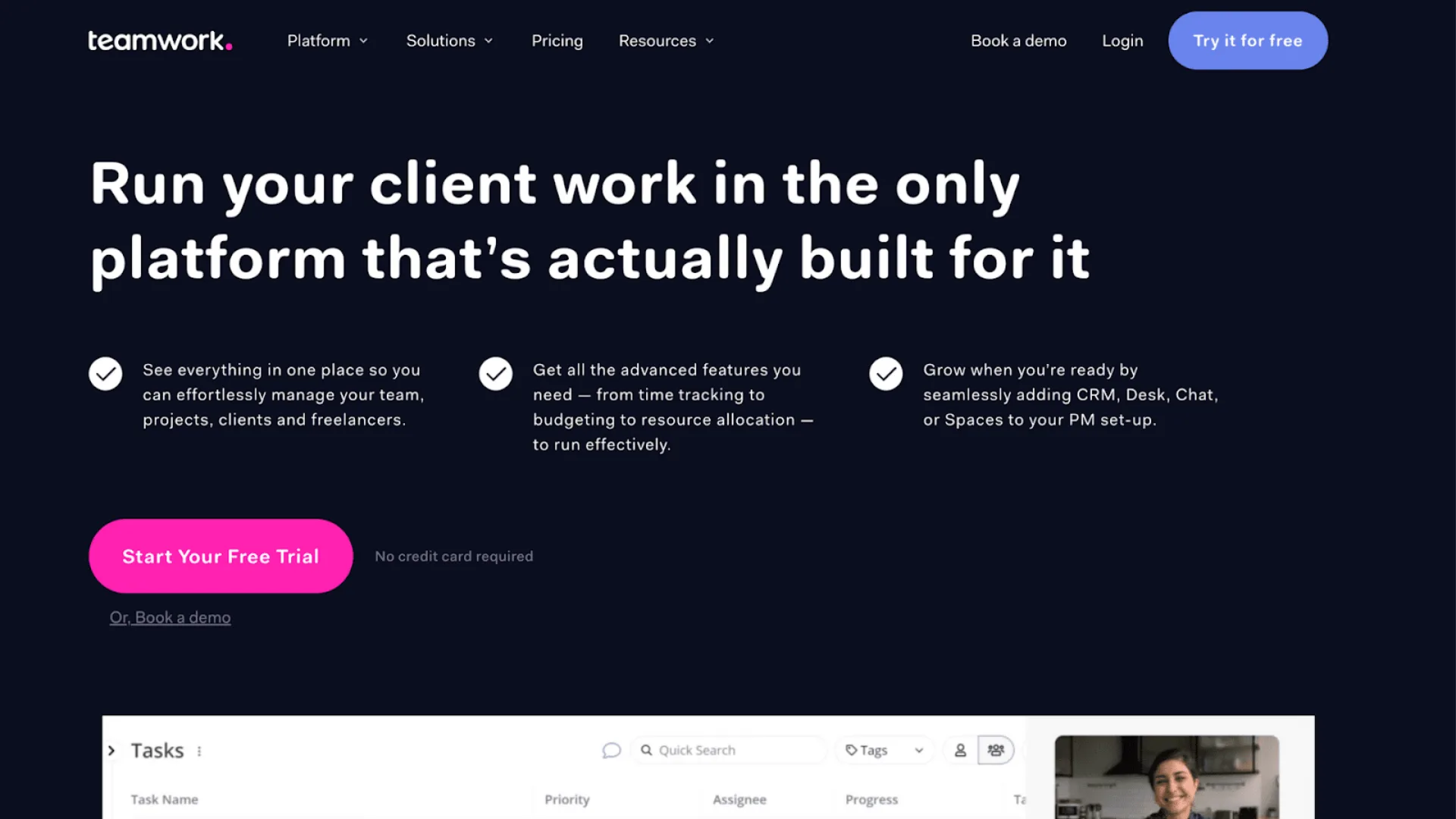 Teamwork homepage: Run your client work in the only platform that's actually built for it, with a start-your-free-trial button