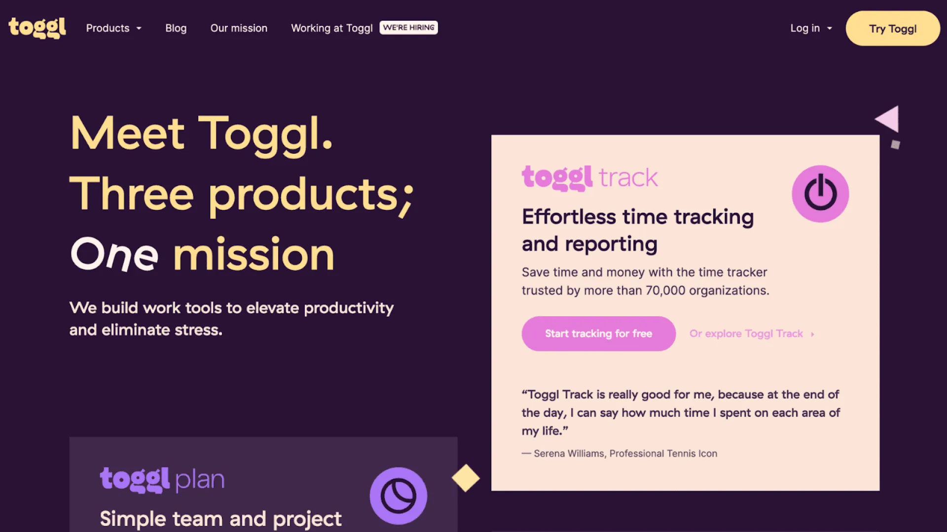 Toggl homepage: Meet Toggl, three products, one mission, featuring a Toggl Track time-tracking card and a Toggl Plan panel