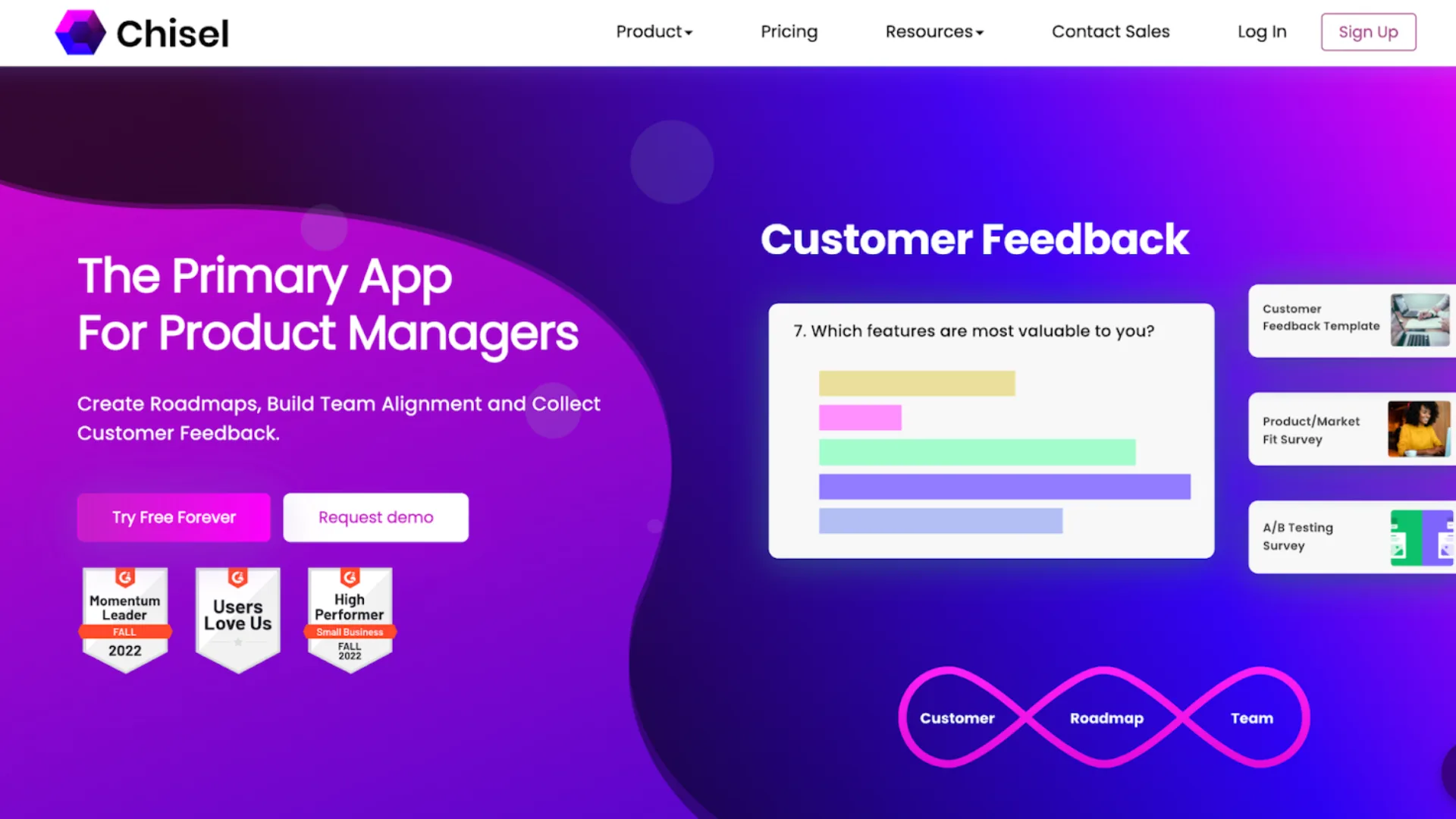 Chisel homepage: the primary app for product managers, with a customer feedback survey panel and G2 badges