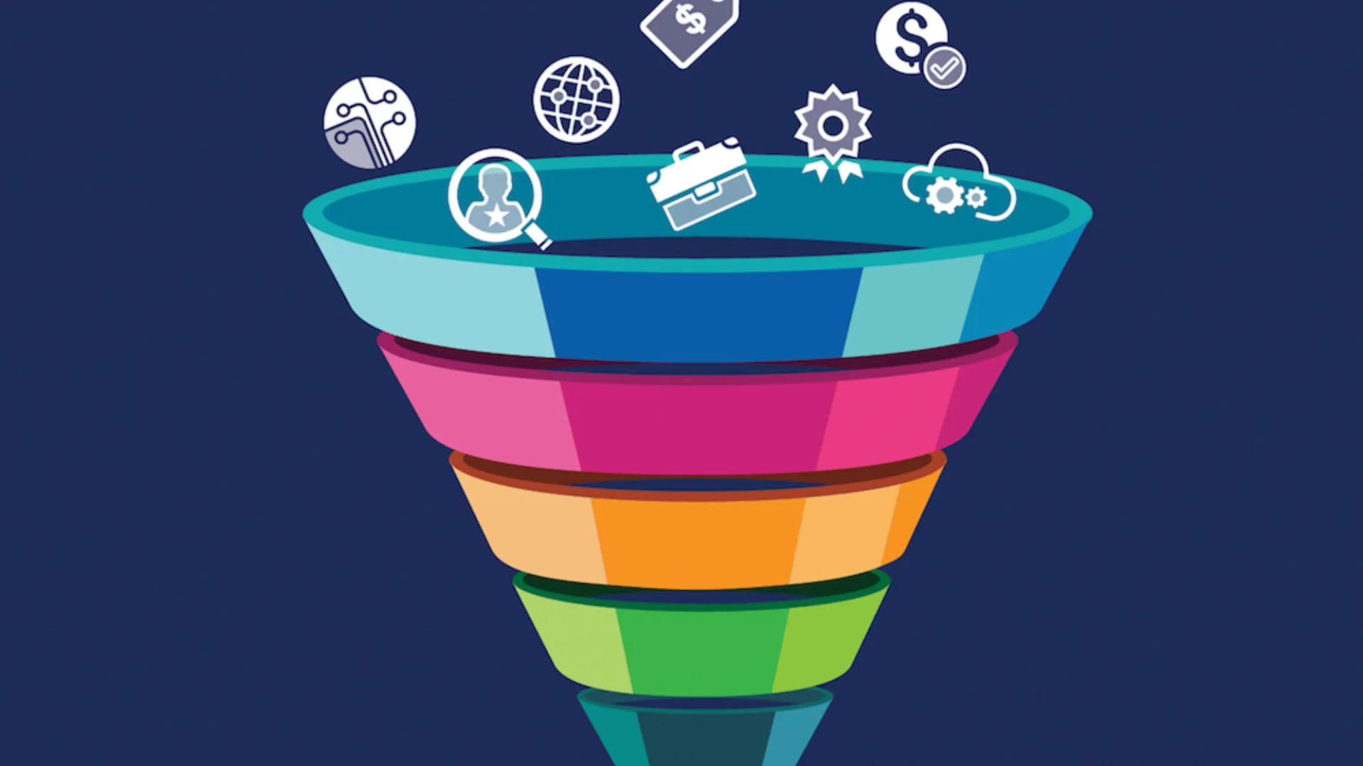 Colourful sales funnel illustration with marketing and technology icons pouring into the top