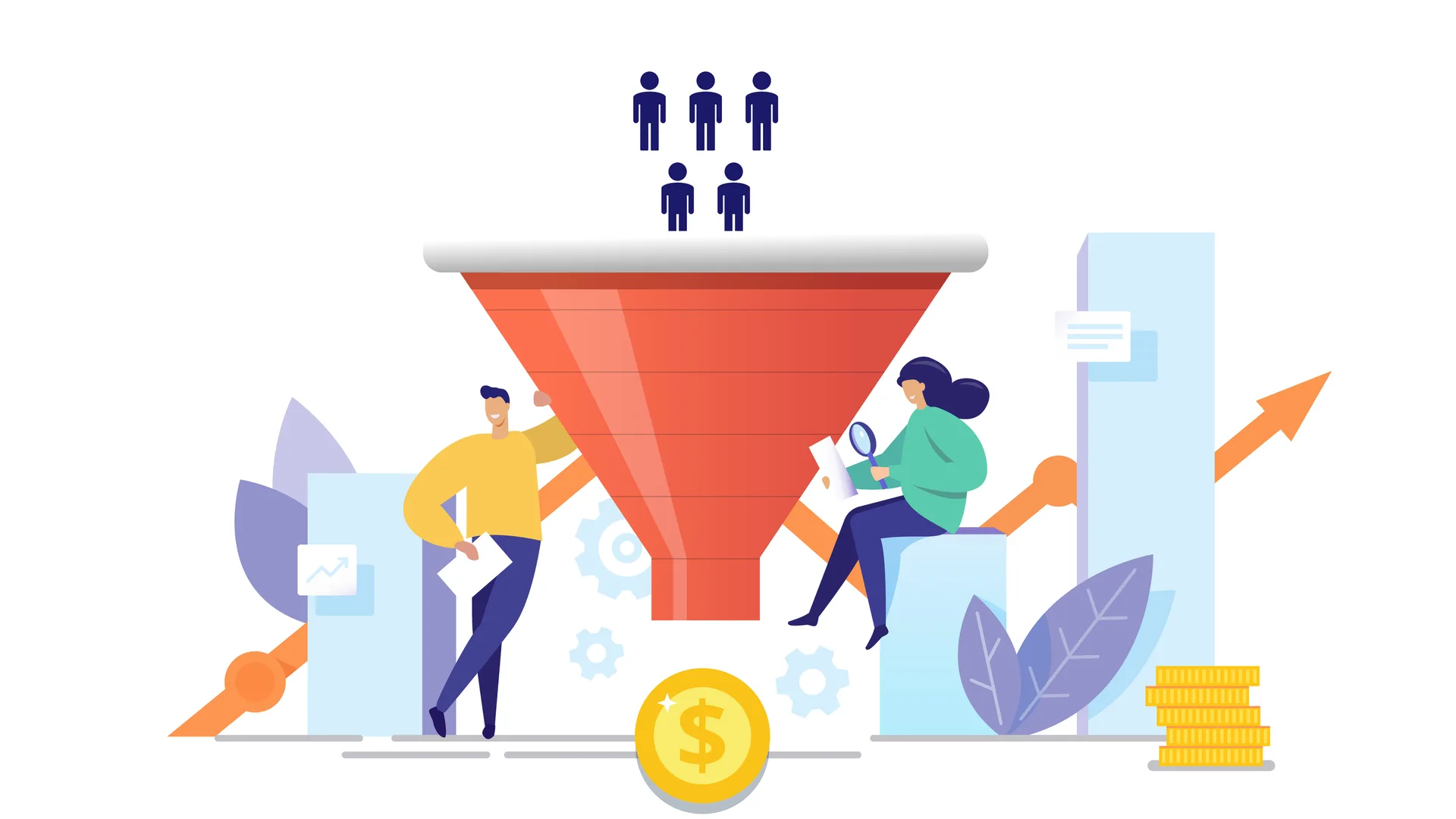 Illustration of two people beside a large funnel with customers entering the top, a dollar coin at the bottom and a rising growth arrow