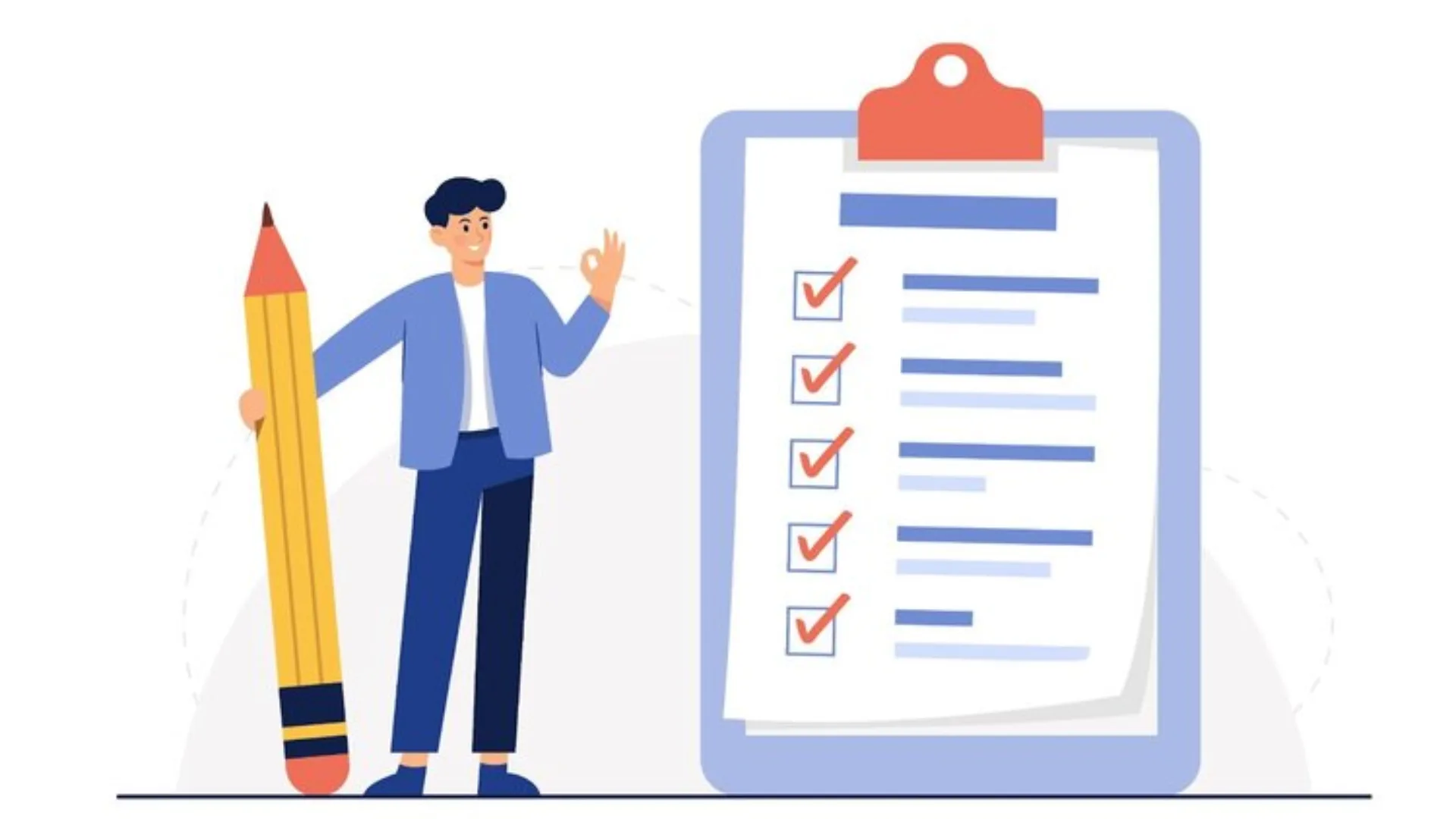 Illustration of a person holding a giant pencil beside a clipboard with a ticked checklist
