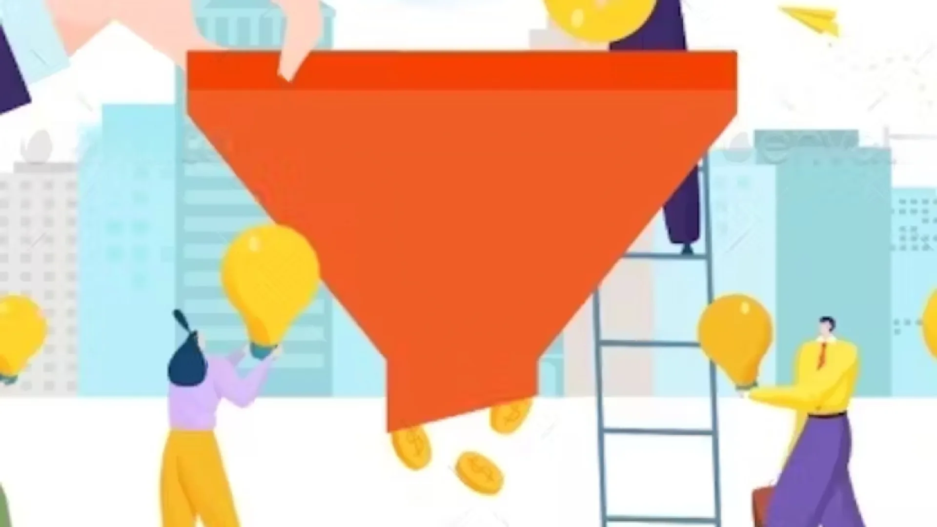 Illustration of people feeding ideas as light bulbs into a large funnel that drops coins out of the bottom