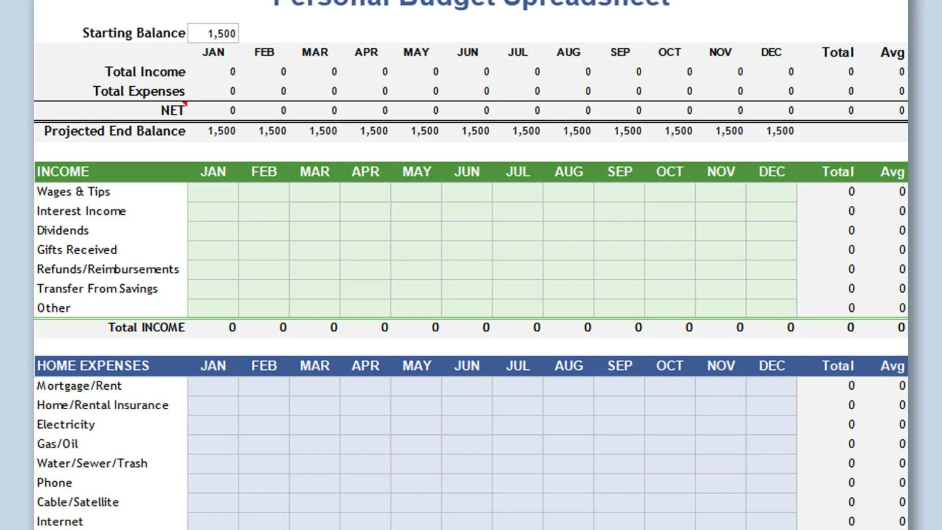 Personal budget template Excel sheet