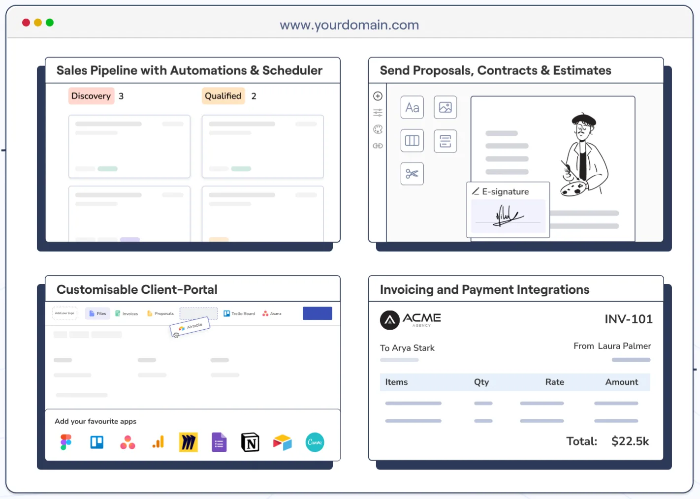 Clientjoy feature overview in a browser mockup: sales pipeline with automations and scheduler, proposals and contracts with e-signature, a customisable client portal, and invoicing with payment integrations